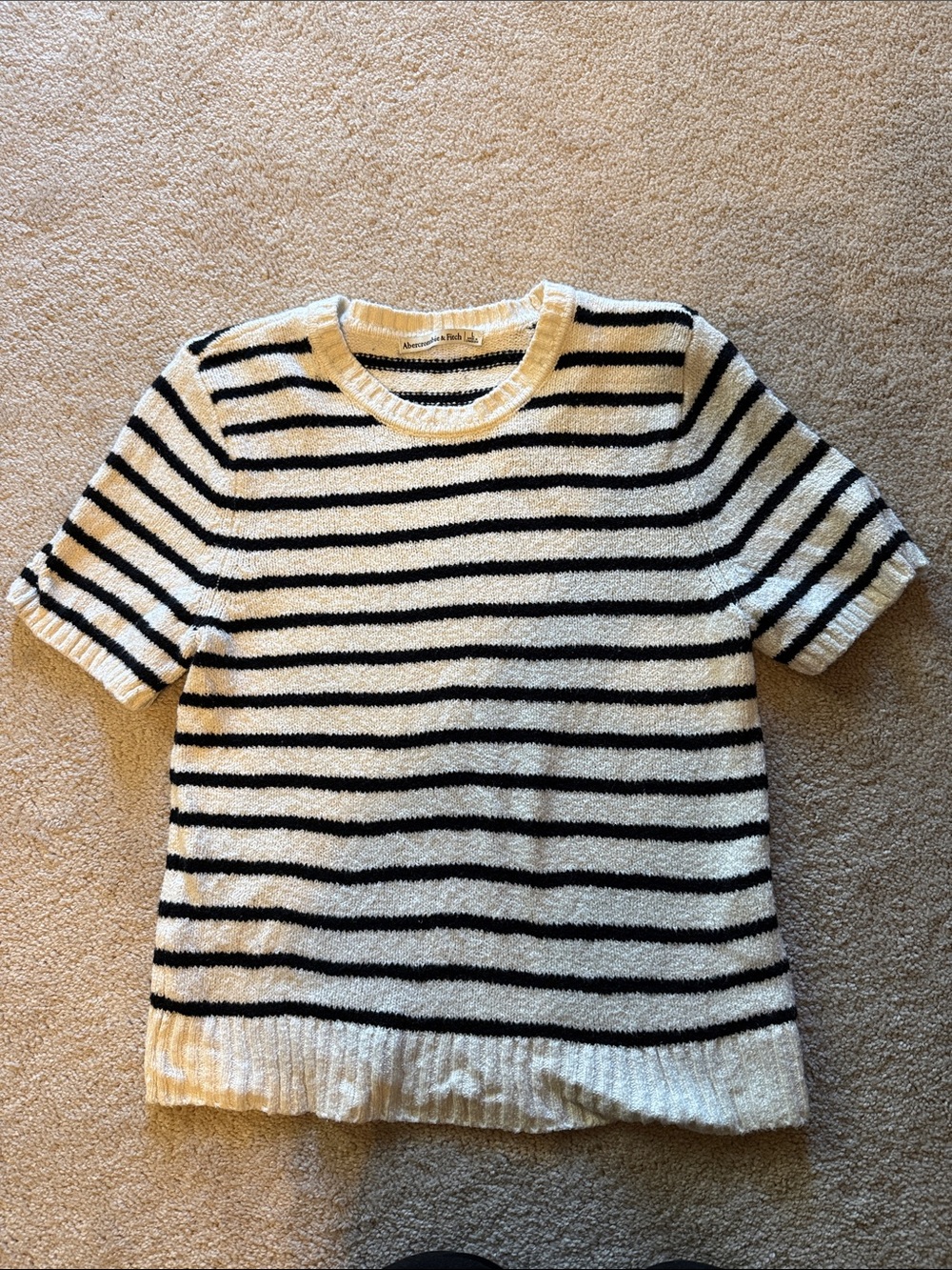 Abercrombie & Fitch Cream and Black Striped Short-Sleeve Sweater